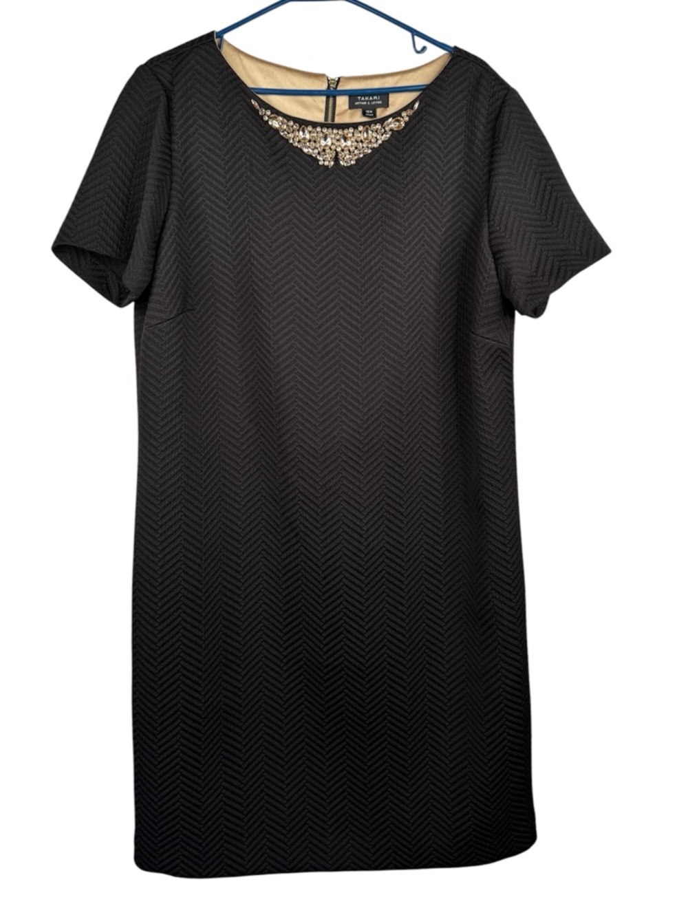 Tahari Arthur S. Levine Chevron Embellished Neck Black Shift Dress 16W